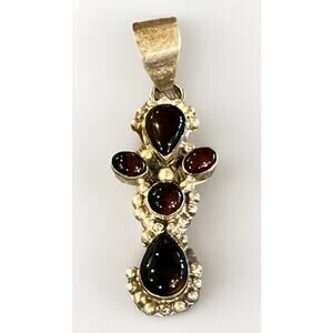 VTG NAVAJO Large Sterling Silver Tigers Eye Cross Pendant Signed JF Sterling